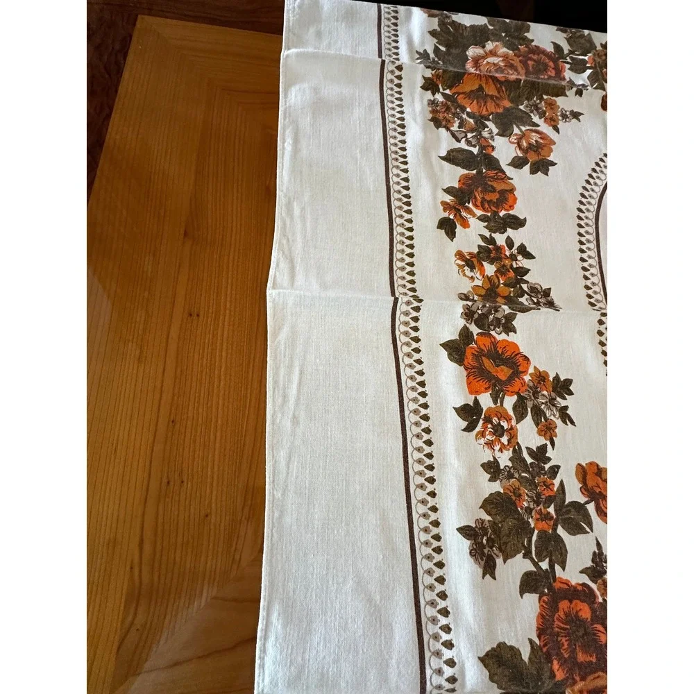 Vintage Floral Tablecloth Orange Brown Roses Rectangular Cream Retro 70s Decor